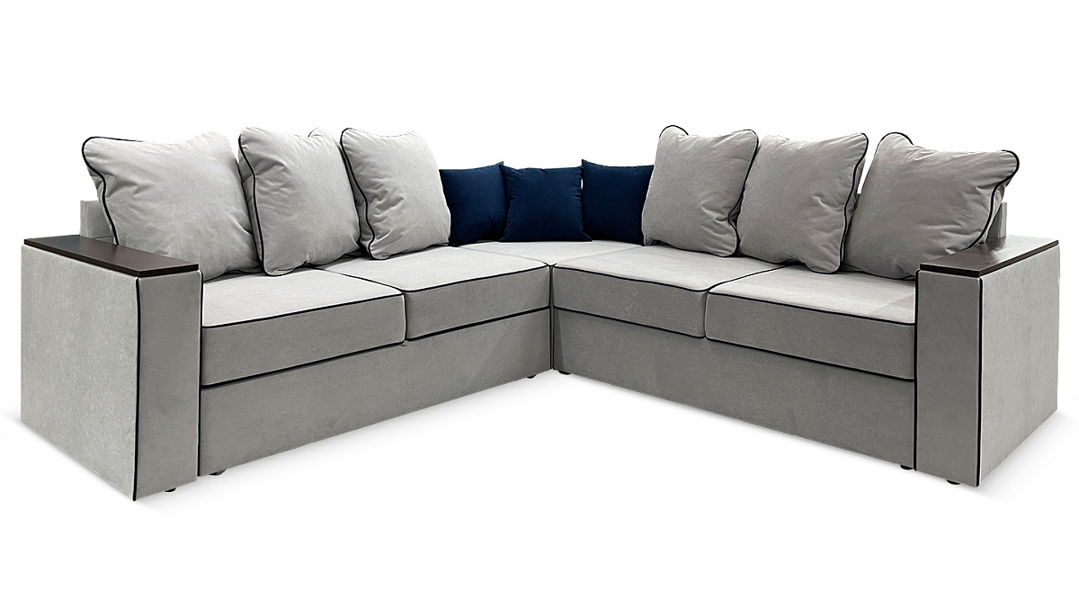 Угловой диван с полкой в углу Кируна Серый велюр/синий кант