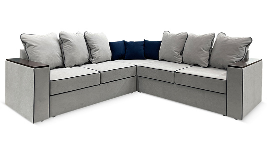 Угловой диван с полкой в углу Кируна Серый велюр/синий кант